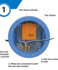 Inside view of Single Pole Dimming Wireless Switch Kit connections with labeled wires and LED indicator for easy install.