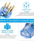 Heavy Duty 50 Amp To 20 Amp Nema 14-50P To 6-20R Power Adapter showing 4 prong male and 3 prong female connectors.