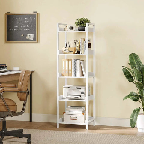 Hefty Capacity White Five Tier Bookshelf With Secure Lip Barriers Compact Wooden Storage Rack And Clean Open Display Shelves Go To Room Essential For Modern Homes