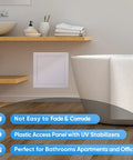 Kickass Eight By Eight Inch Abs Drywall Access Panel With Smooth Paintable Finish installed in a bathroom for easy access.