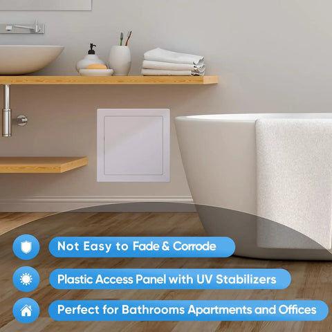 Kickass Eight By Eight Inch Abs Drywall Access Panel With Smooth Paintable Finish installed in a bathroom for easy access.