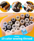 Open box showing 19 rolls of sewing thread in various colors, part of the Pro Grade Heavy Duty Upholstery Repair Kit With Leather Sewing Thread Big Eye Needles And Sewing Awl 43 Piece DIY Craft Pack For Furniture Car Sofa Shoes Backpack And All Home Upholstery Fixes.