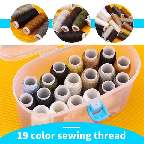 Open box showing 19 rolls of sewing thread in various colors, part of the Pro Grade Heavy Duty Upholstery Repair Kit With Leather Sewing Thread Big Eye Needles And Sewing Awl 43 Piece DIY Craft Pack For Furniture Car Sofa Shoes Backpack And All Home Upholstery Fixes.