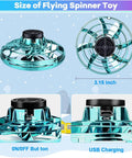 Kids Drone Flying Toy For Indoor And Outdoor Fun dimensions showing size, ON/OFF button, and USB charging port.