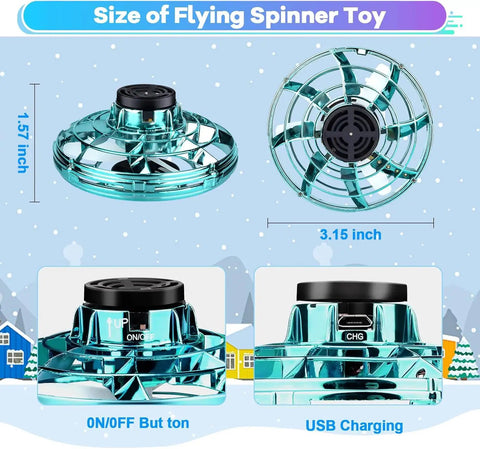 Kids Drone Flying Toy For Indoor And Outdoor Fun dimensions showing size, ON/OFF button, and USB charging port.