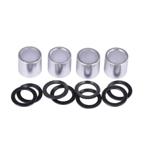 Front view of four silver skate bearing spacers and eight black rubber washers (12 pieces)