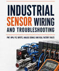 Sensor Wiring and Troubleshooting for Industrial Automation A No Fluff Hands On Guide To Fix Faulty Sensors Faster Diagnose PLC Input Issues 24V DC Supply Troubles Voltage Drop Leakage Current And Conductor Problems. Cover with PLC modules, sensors, and multimeter