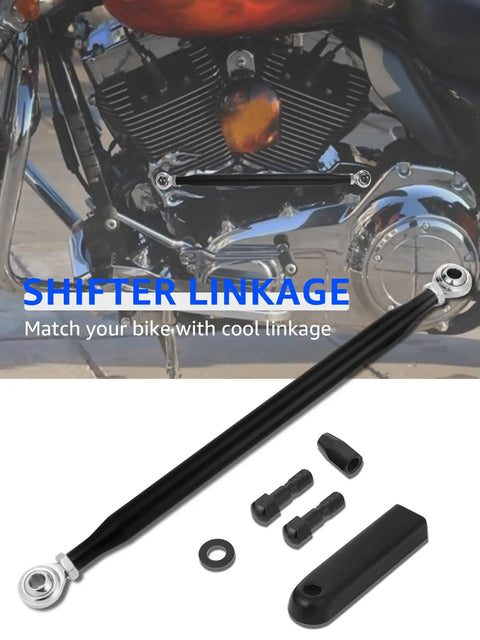 Aftermarket Aluminum Shift Linkage For Harley Davidson Motorcycles Tighten Up Shifts For Smoother More Precise Gear Changes Durable Black Finish Polished Aluminum Shifter Linkage Upgrade To Boost Performance And Ride Quality. Black adjustable Harley shift linkage, 12-13 inch aluminum