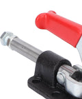 Close-up of Push Pull Toggle Clamp For Heavy Duty Welding And Fabrication, 30607M Or 36330M, with red handle and metal bolt.