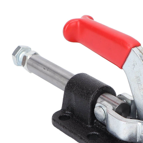 Close-up of Push Pull Toggle Clamp For Heavy Duty Welding And Fabrication, 30607M Or 36330M, with red handle and metal bolt.