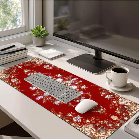 Massive 31.5 By 11.8 Inch Gaming Mouse Pad With Luxury Red Ornamental Pattern displayed on desk