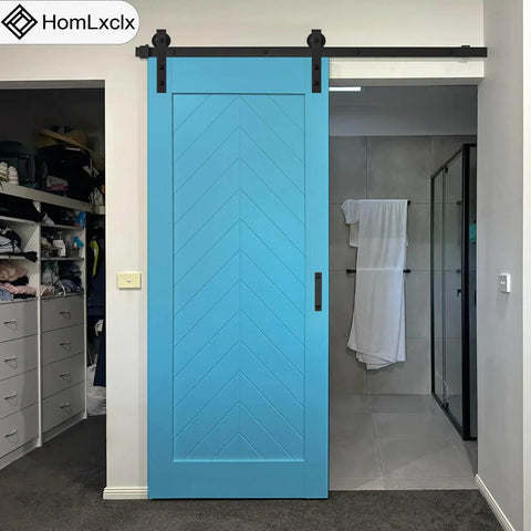 Heavy Duty Sliding Barn Door Kit With Five Foot Track Built To Last 350 Lb Capacity installed in bathroom entrance
