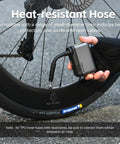 Cyclist using Ultra Portable Mini Bike Tire Pump With Digital Gauge And Auto Stop At 120 PSI Type C Rechargeable Battery