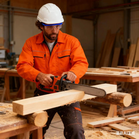 Worker in hard hat and safety goggles cutting wood with chainsaw in workshop