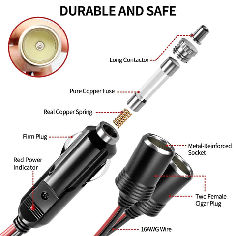 Plug And Play 12V And 24V Cigarette Lighter Splitter With Dual Sockets 1 To 2 Female Socket Port Adapter For Cars close-up of durable components including plugs, fuse, and wire.