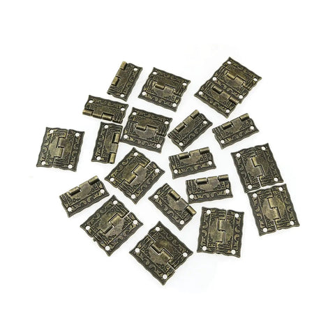 20 Piece Mini Patterned Bronze Hinges With Mounting Screws For Small Wooden Boxes External Flanged Hinge Set For Jewelry Boxes Gift Boxes And DIY Toolboxes displayed