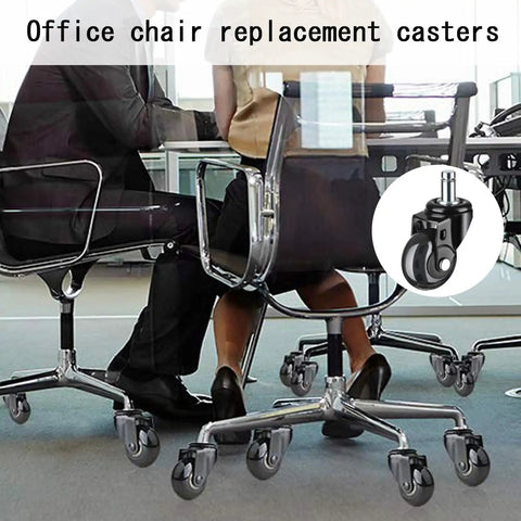 Heavy Duty Office Chair Casters Replacement Five Pack With Smooth Silent Swivel Glide For Hardwood Floors Universal Fit Desk Chair Wheels Easy Install Setup Roll Like Butter Every Time, with close-up of casters in use.