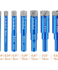 Front view of seven blue dry diamond core drill bits with round shanks, sizes 5–16 mm for ceramic tile and stone.