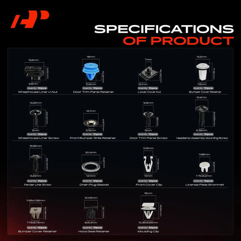 Specifications of Top Shelf 310 Piece Retainer Clip Assortment For Hyundai Accent 2012-2017 detailing various clip sizes and uses.
