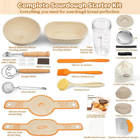 Sourdough Starter Kit With Banneton Proofing Baskets And Glass Starter Jar Pro Grade Bread Making Tools For Home Bakers Gift Set
