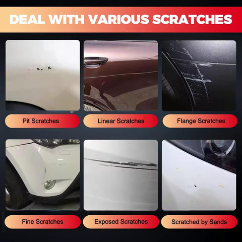 Examples of different car scratches: pit, linear, flange, fine, exposed, sand-scratched on various car parts.