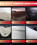 Image showing various types of car scratches including pit, linear, flange, fine, exposed, and sand scratches on vehicle surfaces.
