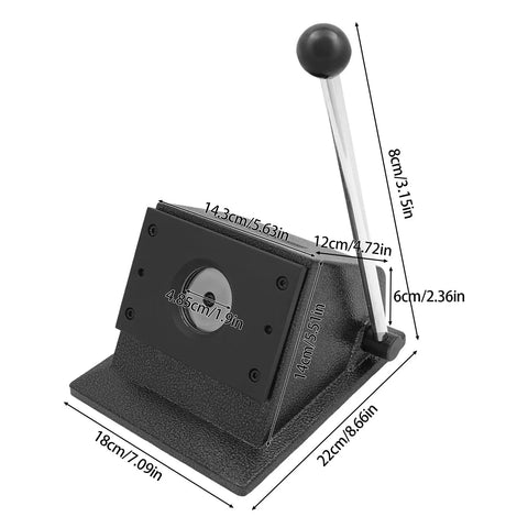 Round Punch Die Cutter 48.5mm Graphic Manual Badge Button Maker Card Cutting Machine with measurements and durable construction