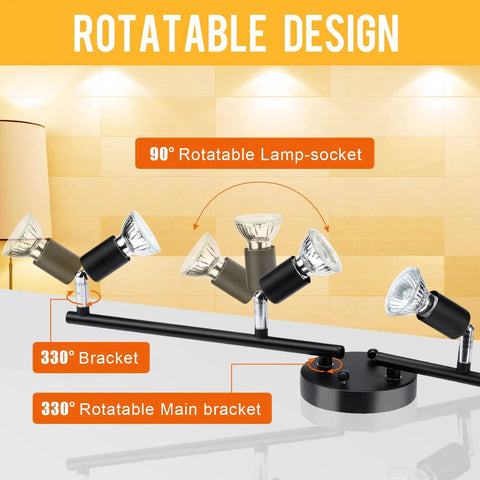 Four Head Foldable Track Lighting Kit With GU10 Sockets Adjustable Ceiling Spot Lights For Kitchen Hallway Bedroom Industrial Vintage Black Fixture For Accent Lighting And Mood Vibe with 90° and 330° adjustable design.
