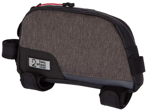 Ride Ready Top Tube Frame Bag 1L Gas Tank Style Bike Bag With Waterproof Zippers, side view, black and grey fabric, attached straps
