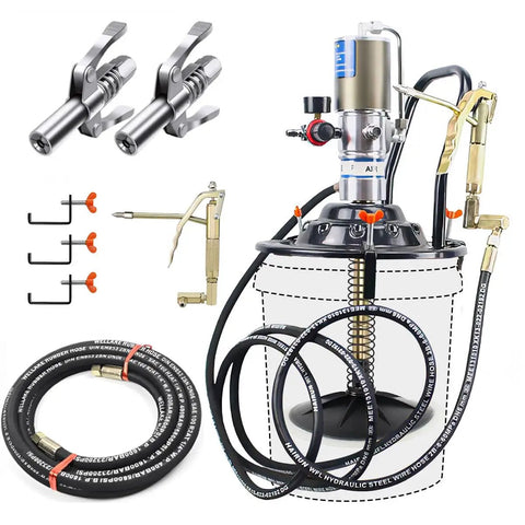 Air Operated 60 To 1 Grease Pump With Dual Grease Gun Couplers For 5 Gallon Buckets, 13 Ft High Pressure Hose, Drum Cover