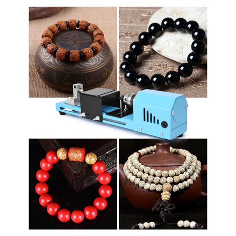 Dirt Cheap Mini Wood Lathe For Benchtop Projects Steel Build 150W Compact Desktop Woodturning Machine For Hobbyists Home Workshop DIY Wood Carving Tools Easy Setup Long Lasting Durability with colorful wooden bead bracelets.
