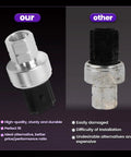 Comparison of premium and standard Ford F Series AC clutch cycle switch and air conditioning pressure sensor for F150 F250 F350 Edge Escape.