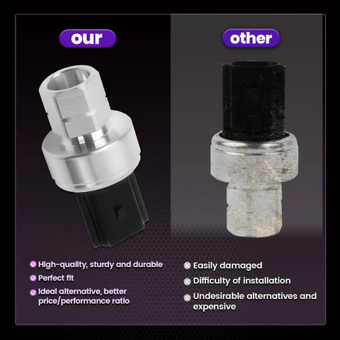 Comparison of premium and standard Ford F Series AC clutch cycle switch and air conditioning pressure sensor for F150 F250 F350 Edge Escape.