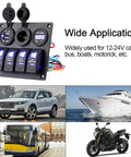 All In One 4 Gang Waterproof Marine Rocker Switch Panel With 12A 24V Capacity, Dual 2.1A USB Fast Chargers, Digital Voltmeter And Cigarette Lighter Socket, Perfect for Pontoon Boats, RVs, Trucks, ATVs And UTVs. 4-gang aluminum panel with rocker switches, USB ports, voltmeter, and socket
