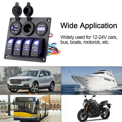 All In One 4 Gang Waterproof Marine Rocker Switch Panel With 12A 24V Capacity, Dual 2.1A USB Fast Chargers, Digital Voltmeter And Cigarette Lighter Socket, Perfect for Pontoon Boats, RVs, Trucks, ATVs And UTVs. 4-gang aluminum panel with rocker switches, USB ports, voltmeter, and socket