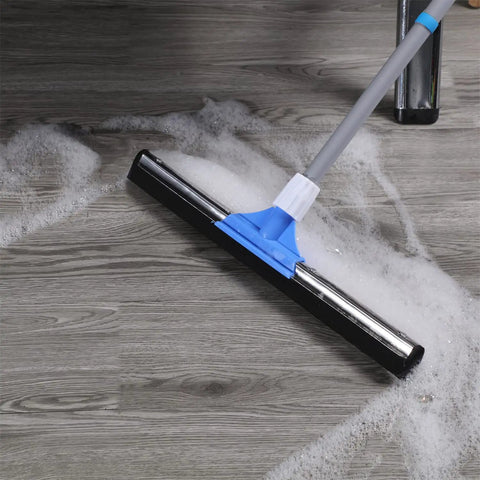 All In One Floor Squeegee With Long Adjustable Handle From 25 To 50 Inches No Bending Back Saver Heavy Duty Foam Blade Wiper For Concrete And Tile Floors Great For Garage Shower Kitchen Windows Glass Carpet And Pet Hair Cleanup in use on soapy floor