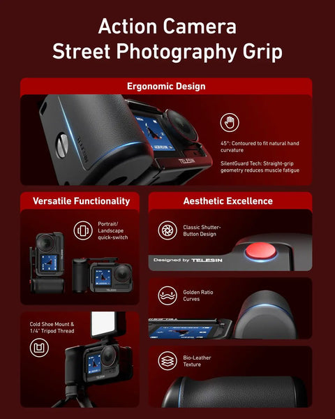 Ergonomic Metal Street Grip Kit For DJI Action 5 Pro 4 3 With Cage, Quick Release Handle, and DSLR Stability Features.