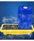 Heavy Duty Spill Containment Pallet With Modular Leak Proof Sump Tray For Drums Stackable Storage Solution, blue and yellow setup
