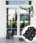 2 Pcs Stainless Steel Self Closing Screen Door Hinges 2.4 X 3 Inch Spring Loaded And Adjustable Tension Hinges For Home Interior Exterior Doors And Commercial Use Rust Resistant Black with black finish displayed on white doors.
