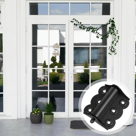 2 Pcs Stainless Steel Self Closing Screen Door Hinges 2.4 X 3 Inch Spring Loaded And Adjustable Tension Hinges For Home Interior Exterior Doors And Commercial Use Rust Resistant Black with black finish displayed on white doors.