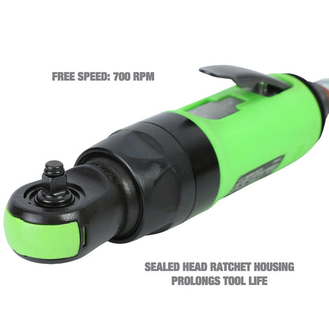 Quarter Inch Drive Air Ratchet With 700 RPM And 50 Ft Lb Torque, highlighting sealed head and green lightweight design.