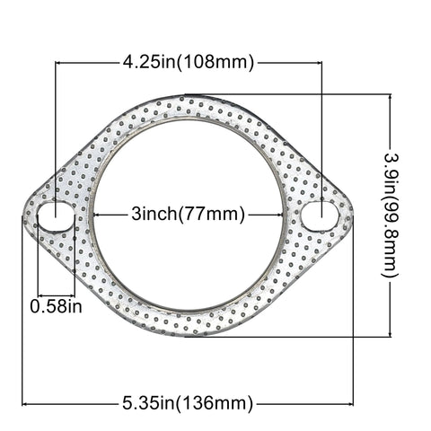 Front view of 3-inch two-bolt exhaust gasket for muffler flange with graphite and fire ring, 77 mm ID