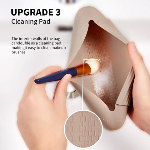 Silicone Makeup Brush Holder Travel Cosmetic Bag With Magnetic Closure Soft Portable Case cleaning pad detail inside view