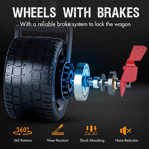 Exploded view of the wheel and brake system for the Beast Foldable Wagon With Tailgate Cargo Net 55 Inch Long 26 Inch Wide 600L Capacity