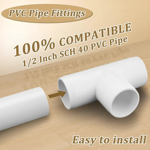 20-Pack 1/2 Inch Tee PVC Fittings Furniture Grade 3 Way Connectors for SCH40 PVC Pipe DIY Builds and Frames, UV Resistant