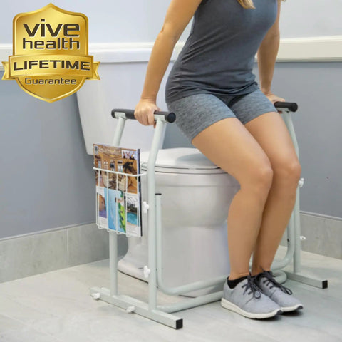 Heavy Duty Toilet Safety Rail With Arms providing top shelf bathroom support for seniors, featured with grip arms and lightweight design.