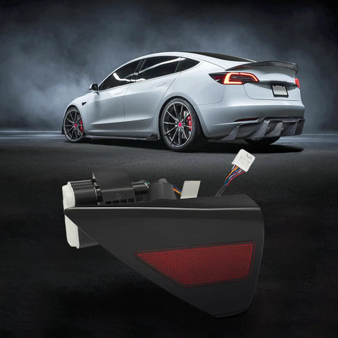Slick Black And Red Charge Port Door Replacement For 2017 To 2023 Tesla Model 3 And 2020 To 2023 Model Y left side view.