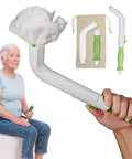 Multipurpose Toilet Wiping Aid 14.5 Inch Long Handle For Women And Men Toilet Paper Extender And Assist Tool Ideal For Elderly Disabled And Post Surgery Use shown with packaging and elderly user.