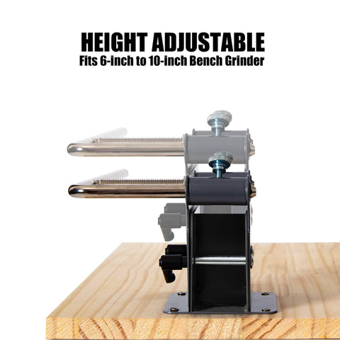 Side view of Bench Grinder Mounting Kit for Tormek Sharpening Jigs and Universal Arm with height adjustable support on wood base.