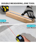 Go To Pro Grade Dual Mode Laser Tape Measure And Distance Meter With 164 Ft Laser Range And 16 Ft Manual Tape Red 0.49mW Class II Laser measuring wood block and wall